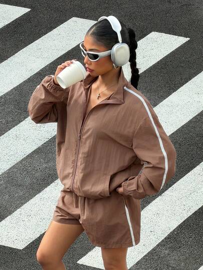 Muchica Women's Brown Outdoor Sports Casual Loose Zip-Up Jacket And Shorts 2 Pieces Set, Spring/Summer
