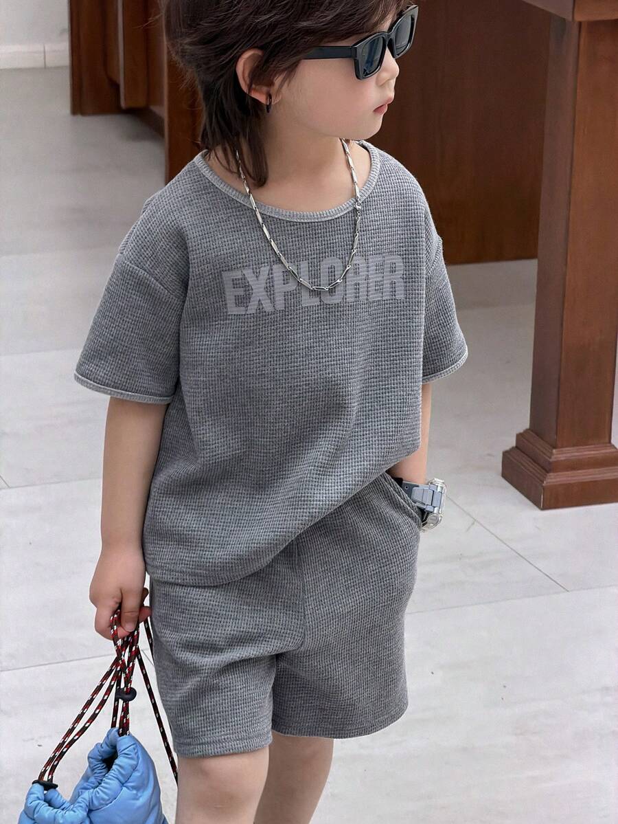 Dazy Kids Young Boys Casual Dropped Shoulder Short Sleeve T-Shirt Set - Dark Grey - View 1