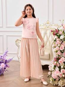 Elladie kids Tween Girl 3D Floral Decor Round Neck Blouse And Wide Leg Pleated Pants Set,Pastel Pink,Summer,Country,Concert Party Wear Outfits For Girls 13 14 - Pink - View 3