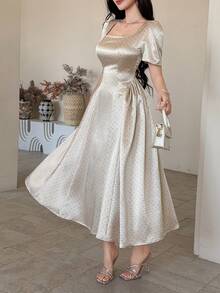 DAZY 女士优雅波点方领泡泡袖褶皱中长连衣裙，夏季婚礼宾客礼服/吊带裙/鸡尾酒裙 - 杏色 - 查看 4