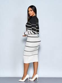 SOLERSUN 女士秋季时尚长袖条纹极简针织中长连衣裙，圆领修身毛衣裙，女士秋季连衣裙，适合日常休闲、约会、派对等场合 - 黑與白 - 查看 2