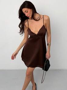 Aloruh Women's Romantic V-Neck Spaghetti Strap Double Ruffle Hem Mini Dress - Brown - View 3