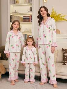 Tween Girls Matching Pajamas Pink Rose Floral Print Long Sleeve Lapel Woven Fabric Pant Sets For Mom And Daughter Casual - Multicolor - View 4