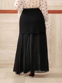 Roveilla 大码女式不对称下摆网纱拼接优雅A字裙 - 黑色 - 查看 2