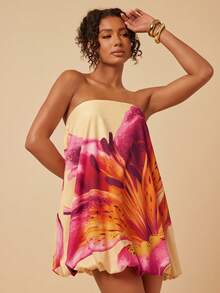 Travachic 女士碎花抹胸泡泡裙，性感海滩度假风，夏季 - 彩色 - 查看 3