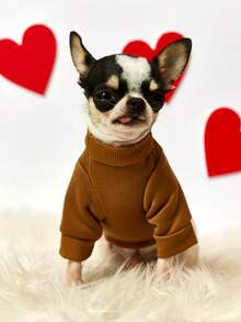 PETSIN 1件豹纹情书印花宠物服，大地黄运动风，厚实保暖的春秋季宠物服装 - 卡其色 - 查看 5