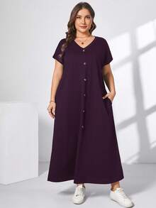 Shapeblank Damen Große Größen Frühling und Sommer Mode Lässig Locker Bequem Täglich Kurzarm Schwarz V-Ausschnitt Taschen Langes Kleid, Sommer Outfits für Damen, Kirchenkleidung für Damen, Old Money Stil für Damen, Lehrerin Outfits für Damen, Flughafen Outfit für Damen - Braun - Übersicht 8