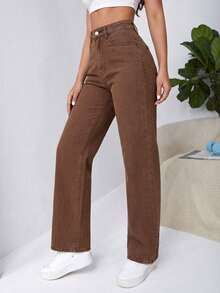 SHEIN EZwear High Waist Slant Pocket Boyfriend Baggy Jeans Brown Pants Women Pants Brown Jeans Wide Leg Pants High Waist Pants - Coffee Brown - View 4