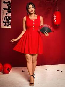 Cravure Women's Plus Size Christmas Red Mini Dress Elegant Square Neck Sleeveless Flared A Line Style - Red - View 6