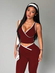 Dewbera Bộ đồ tập yoga liền mạch dành cho nữ, áo vest phối màu tương phản và quần legging bó sát với viền tương phản ở eo. - Màu Đỏ Sâu - Xem 5