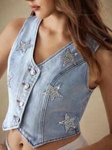 Selenza Plus Size Women Summer Casual Inelastic Embroidered Denim Blouse - Light Wash - View 1