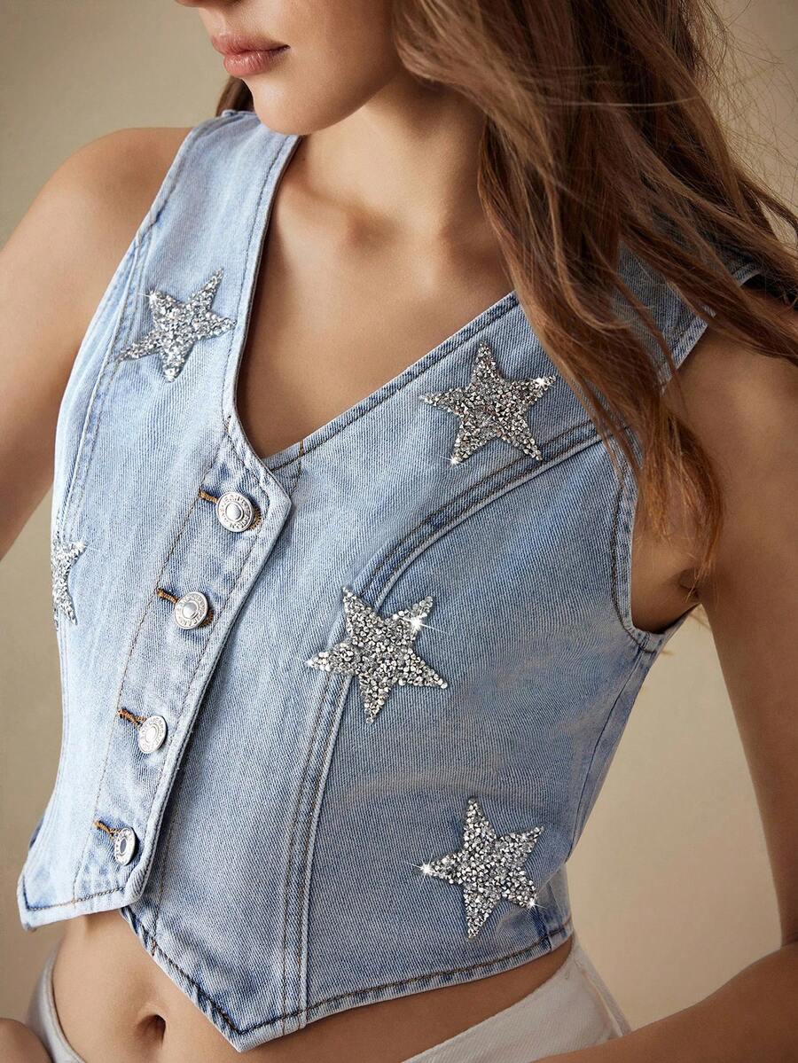 Selenza Plus Size Women Summer Casual Inelastic Embroidered Denim Blouse - Light Wash - View 1