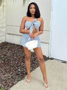 Alexandranx WYWH Vacation Two Pieces Striped Knot Front Crop Tube Blue&White Off Shoulder Top & Shorts Two Pieces - Blue and White - View 6
