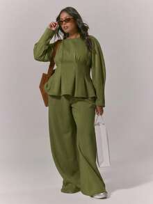 MUSERA Plus Cinched Waist Flared Hem Balloon Sleeve Sweatshirt Top Only Classy Cute Sexy Streetwear   Night Out Curve Spring - Army Green - View 4