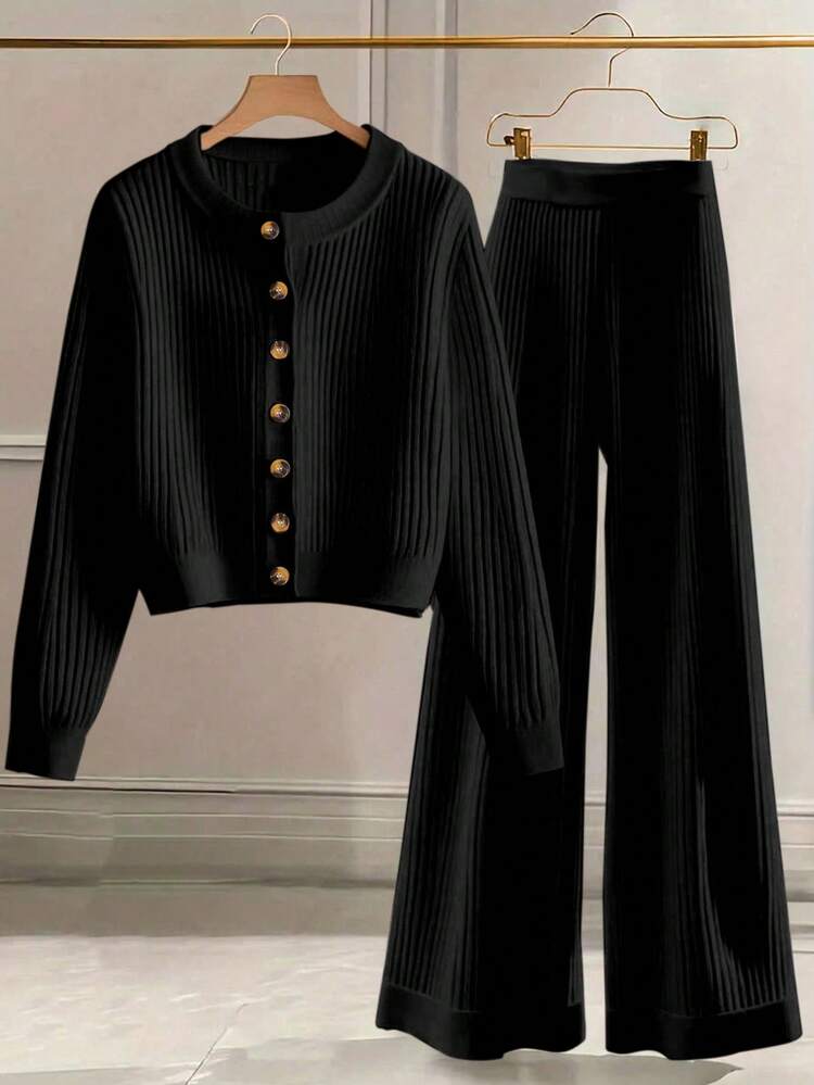 Franclia Conjunto de 2 piezas de mujer con cárdigan de unicolor casual y pantalones de pierna ancha, para otoño/invierno - Negro - Añade 1