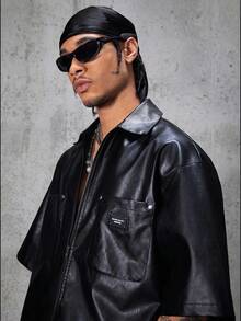 AXEPEAK Men's Loose Fit PU Leather Front Zip Short Sleeve Shirt, Streetwear Inspired - Black - View 3