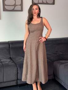 Jeta Ari 女式牛仔效果修身拼接褶皱后背无袖连衣裙 - 卡其色 - 查看 6