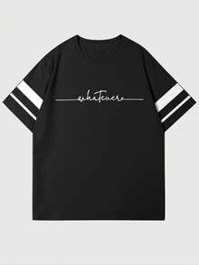 Manfinity Homme Men's Letter & Striped Print Casual Round Neck Short Sleeve T-Shirt - Black - View 2