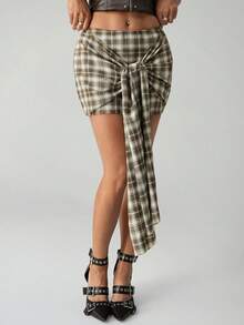 SHEIN ICON Women's Summer Fashion Daily Street Casual Plaid Print Pleated Twist Waist Mini Bodycon Skirt - Khaki - View 4
