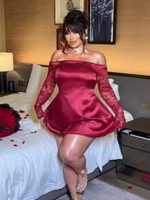 NU&NOW Elegant Plus Size Women Burgundy Off-Shoulder Lace Patchwork Mini Satin Dress,Autumn Birthday Party,Graduation Dance,Evening Date,New Year Outfit - Burgundy - View 4