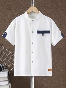 Vacaura 1 chiếc áo sơ mi ngắn tay cổ đứng cho bé trai, kiểu dáng thường ngày, đa năng cho kỳ nghỉ xuân/hè. - trắng - Xem 3