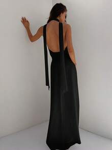 Aloruh 女士深V領無背後頸束縛雪紡連衣裙，適合婚禮、派對和春夏假期 - 黑色 - 查看 3