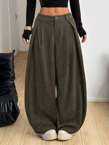 SHEIN PETITE 女士秋冬四季返校复古休闲街头风超大款绿色弧形裤脚灯芯绒卡其色工装裤阔腿裤宽松裤 - 軍綠色 - 查看 2