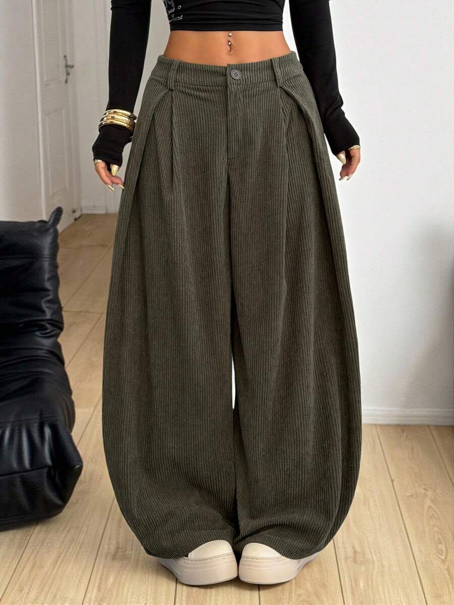 SHEIN PETITE 女士秋冬四季返校复古休闲街头风超大款绿色弧形裤脚灯芯绒卡其色工装裤阔腿裤宽松裤