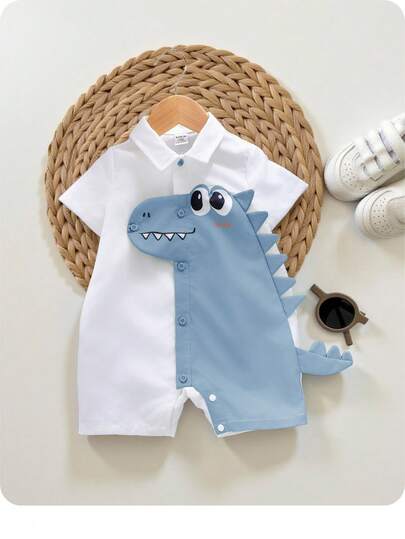 SHEIN Baby Boys & Girls Cartoon Dinosaur Pattern Turndown Collar Short Sleeve Romper Shorts Set, Casual Versatile