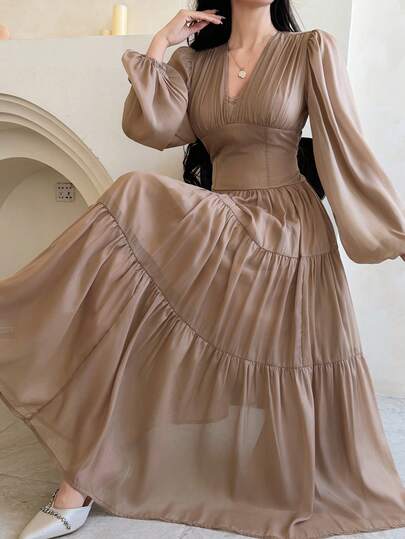 DAZY Women's V-Neck Long Sleeve Mesh Patchwork Waist Cinched Dress, Elegant