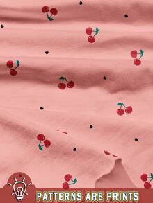 浅粉色可爱复古迷你爱心樱桃印花，少女休闲简约短袖短裤两件套，适合夏季穿着 - 彩色 - 查看 3