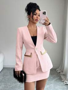 Elenzga Bộ đồ nữ màu đỏ vải tweed đính sequin thời trang mới thu đông 2025, kiểu dáng thanh lịch, gồm 2 món. - Màu Hồng baby - Xem 5