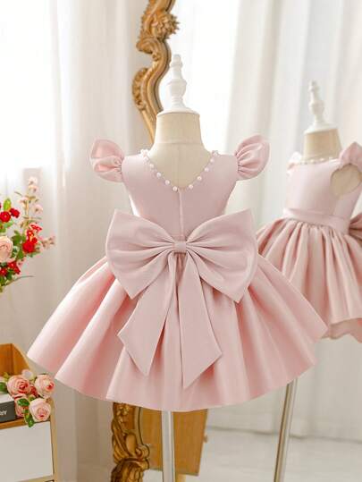 Glamorique Kids 女婴纯色荷叶边袖夸张蝴蝶结装饰优雅连衣裙