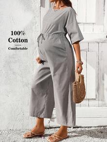 SHEIN Maternity Striped Round Neck Drop Shoulder Waist Tie Wide Leg Casual Jumpsuit - Multicolor - View 1