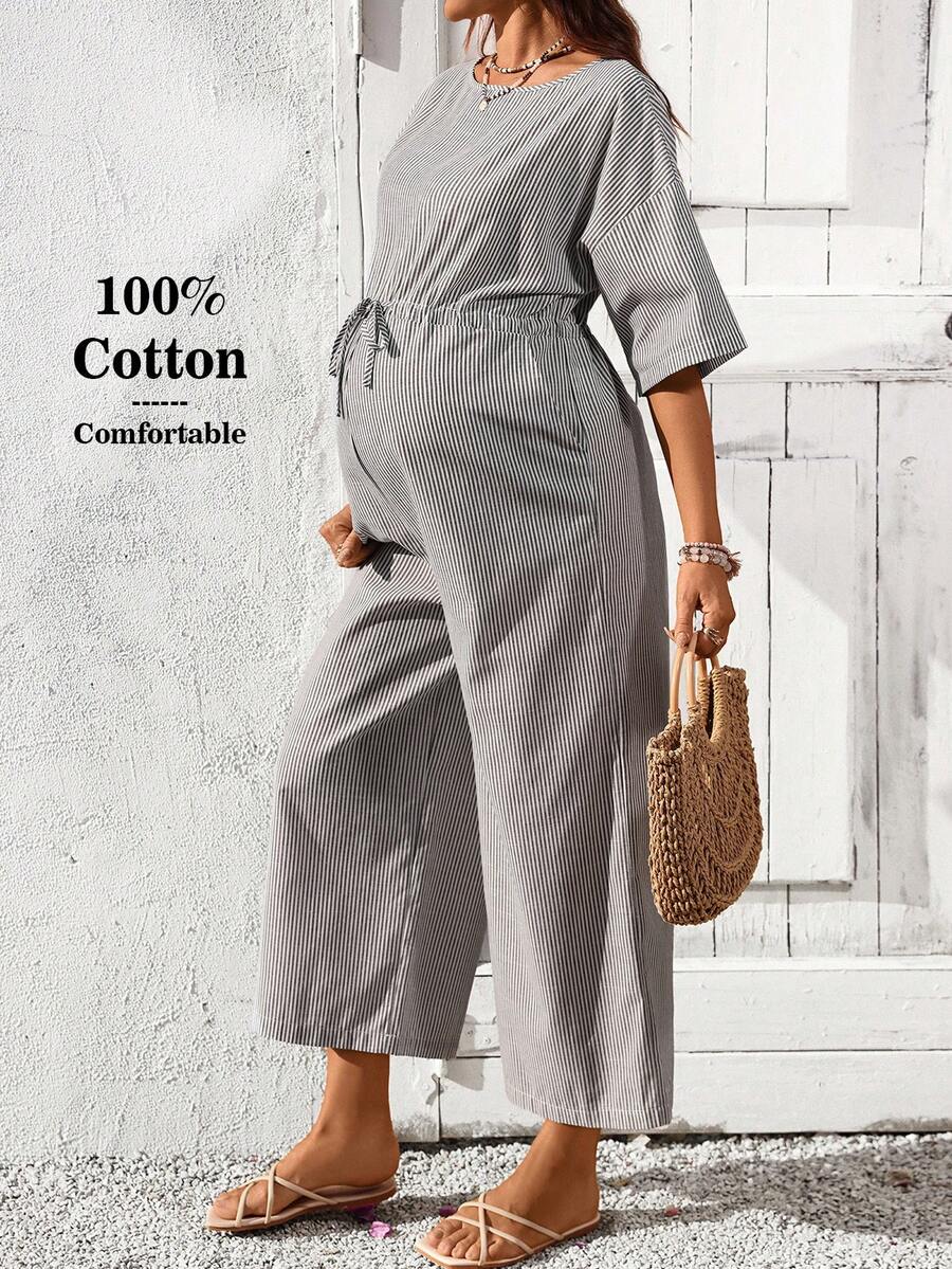 SHEIN Maternity Striped Round Neck Drop Shoulder Waist Tie Wide Leg Casual Jumpsuit - Multicolor - View 1