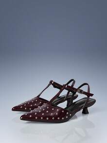 CUCCOO GRLICON Women's Rivet Decor Buckle High Heel Pumps - بني غامق - مشاهدة 1