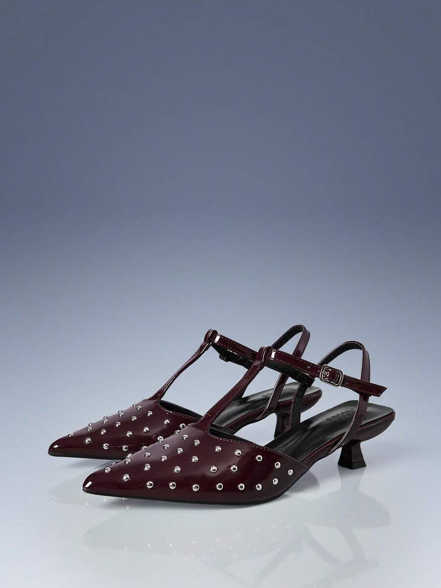 CUCCOO GRLICON Women's Rivet Decor Buckle High Heel Pumps - بني غامق - مشاهدة 1