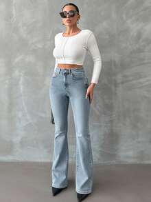 SHEIN 98%Cotton Zip Front Skinny Flare Jeans TALL - Baby Blue - View 4