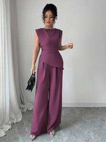 Rafferiza 2pcs/Set Women Solid Color Textured Pleated Round Neck Sleeveless Top - Purple - View 4