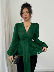 Elenzga Women's Red Chiffon Cut-Out Rose Pattern Long Sleeve Blouse Peplum Top - Dark Green - View 5