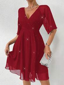 Rafferiza Mesh Embossed Ruffle Sleeve Waist Cinched Mini Dress - Burgundy - View 5