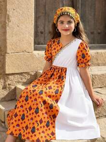 少女优雅传统斋月印花拼接连衣裙 - 彩色 - 查看 2