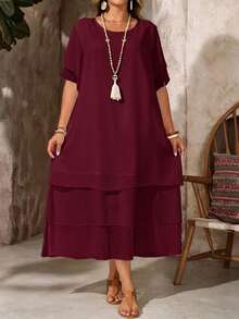 Vestido casual de talla, cuello redondo, sin botones, bajo asimétrico y fluido, estilo bohemio, adecuado para primavera y verano - Óxido marrón - Ver 9