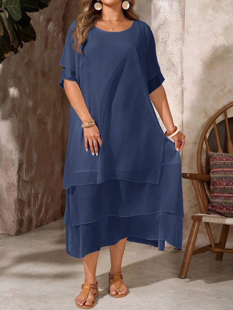 Robe décontracté grande taille, robe bohème blanche à col rond sans manches avec ourlet asymétrique fluide, convient pour le printemps/été