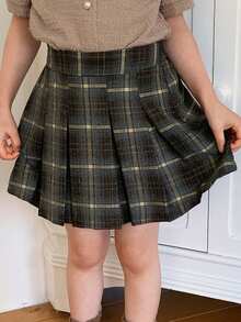 DAZY 少女格子印花高腰休闲百搭迷你裙 - 棕色 - 查看 4