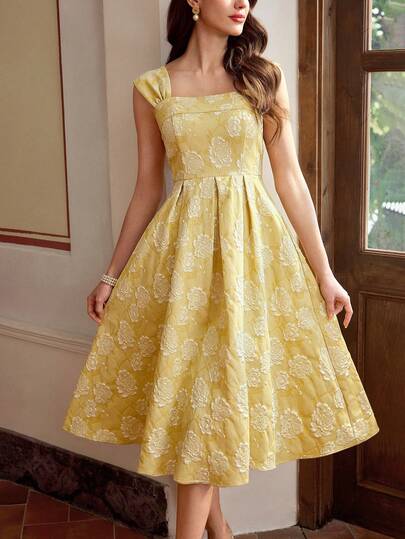 Vintamour Vintage Classic Elegant Women's Dress, Fitted Wide Strap Jacquard Dress With Pockets, Yellow Dress, Spring/Summer