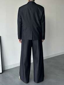 DAZY Navy Blue Loose Fit Speckled Collar Long Sleeve Jacket And Pants Suit Set For Men, Autumn - Royal Blue - View 2