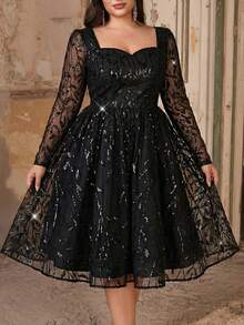 Aureia Plus Size Elegant Luxurious Black Square Neck Long Sleeve Sheer Sequin Patchwork Tulle Puff Dress, Suitable For Weddings, Parties, Celebrations, Formal Occasions, Ballroom (Heavily Embellished Design) - Black - View 5