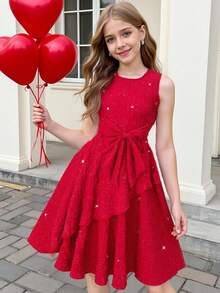 Elladie kids Summer Girls' Sleeveless Red Chiffon Elegant Dress With Big Bow, Suitable For Daily Wear - Burgundy - View 1