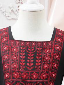 Young Girls' Print Pattern Belted Square Neck Dress, Suitable For Casual, Holiday, & Cute Daily Wear, Spring/Autumn - Black - View 8